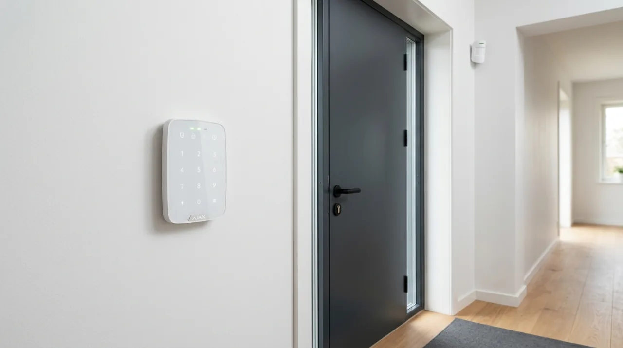 Système d'alarme intrusion moderne installé sur un mur, panneau de contrôle et détecteur de mouvement à Genève